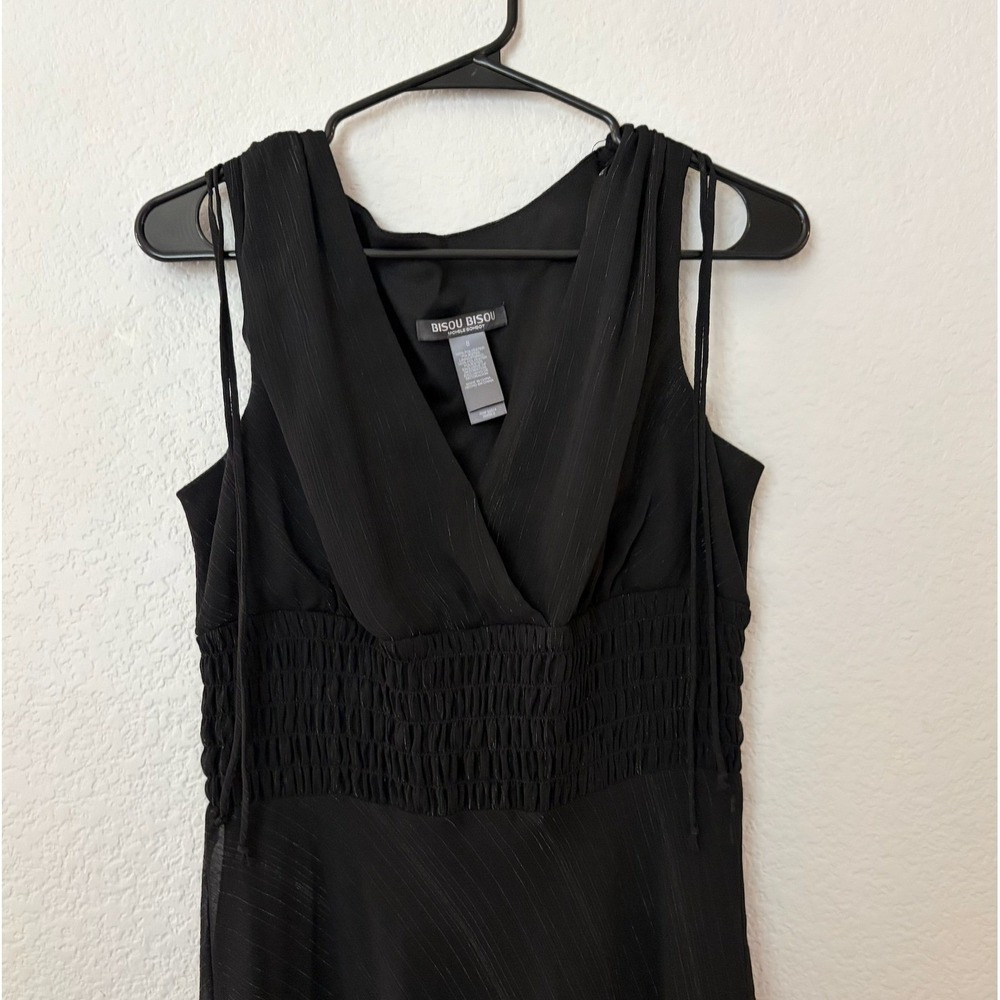 Bisou Bisou Black Metallic Pinstripe Smocked Waist Handkerchief Hem Dress SIZE 8 - Picture 4 of 9